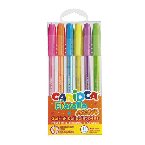 Conjunto de 6 canetas de gel Carioca Fiorella Neon em cores fluorescentes variadas, apresentadas na sua embalagem de blister transparente.