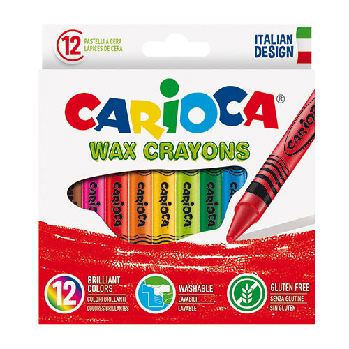 Caixa de lápis de cera Carioca com 12 cores vibrantes, destacando as características lavável, sem glúten e design italiano.