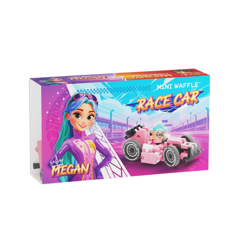 Caixa do brinquedo Marioinex Mini Waffle Race Car Megan, exibindo a personagem Megan e o carro de corrida rosa montado.