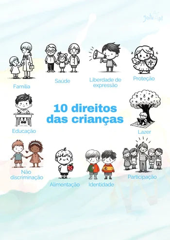Poster educativo "10 Direitos das Crianças" – Ilustra os direitos fundamentais das crianças de forma simples e acessível.