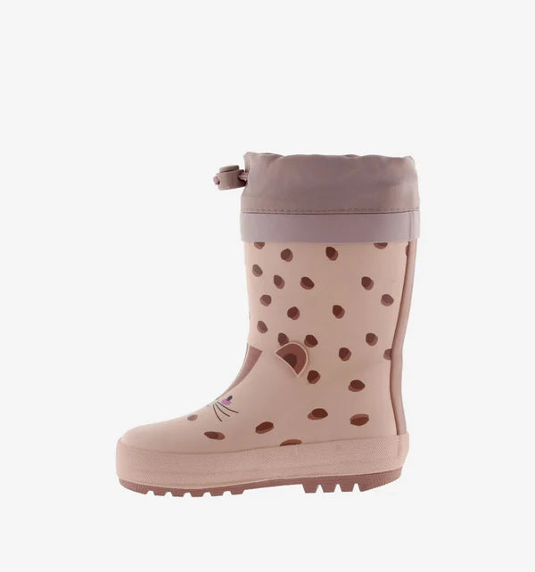 Galocha infantil cor-de-rosa com estampas de animais, vista lateral direita, exibindo a sola antiderrapante e os detalhes do design lúdico.