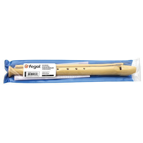 Flauta escolar Fegol de bisel em plástico de cor bege, embalada numa bolsa transparente azul com a vareta de limpeza e folha de instruções visíveis.
