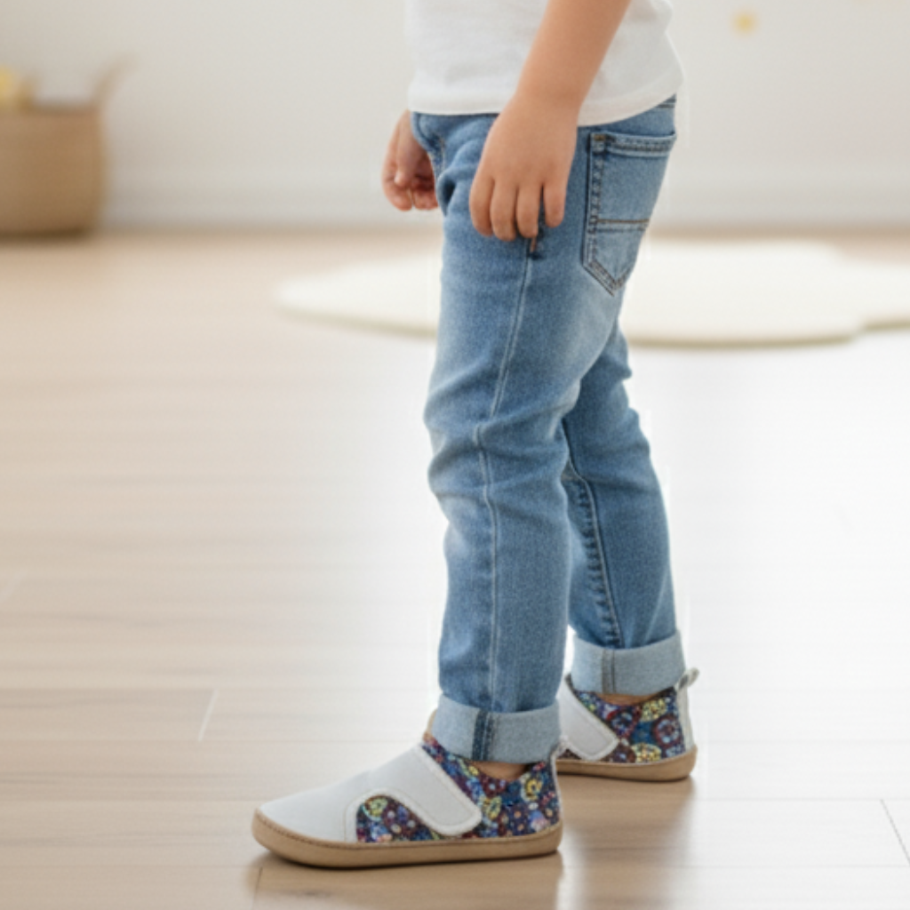 Criança em pé, vista lateral, a usar as sapatilhas Baby Lobitos Barefoot Paulitos Mandala com jeans, destacando o padrão colorido e a sola fina.