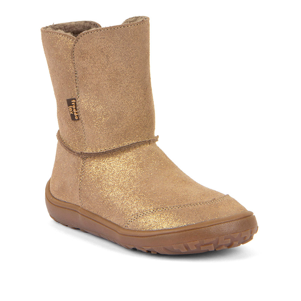Bota Froddo Barefoot Impermeável TEX SUEDE (Gold) para criança, em pele dourada com sola flexível e etiqueta Froddo Tex.