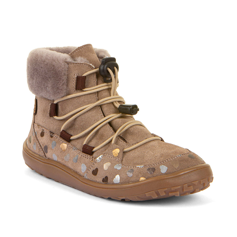 Froddo Barefoot Bota Impermeável TEX Furry Beige para criança, com forro de pelo, atacadores elásticos e padrão de corações, vista lateral.