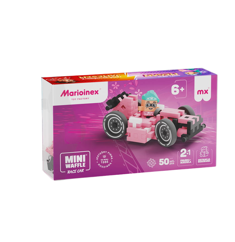 Caixa do brinquedo Marioinex Mini Waffle Race Car Megan, mostrando o carro rosa montado, o logotipo da marca e a indicação de 50 peças e idade +6.