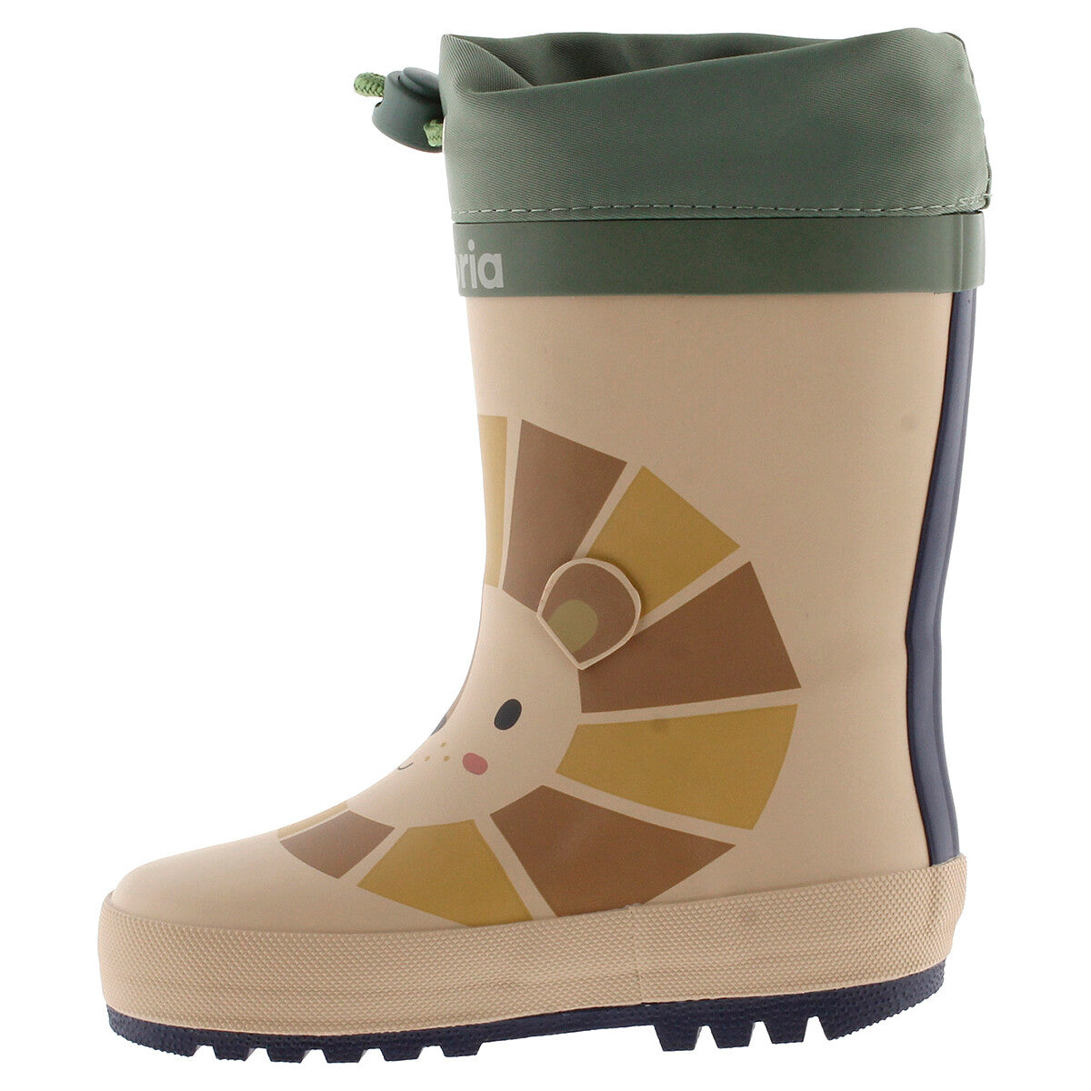 Galocha infantil bege e verde com estampa de leão, vista lateral direita, mostrando os detalhes do design e a robustez do material impermeável.