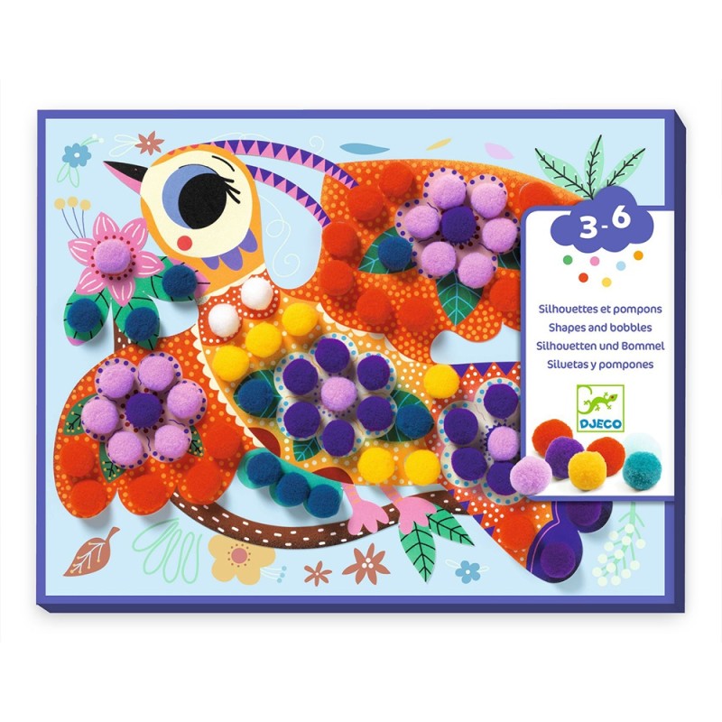 Kit de atividades de colagem Djeco Silhuetas e pompons, mostrando um pássaro exótico colorido com pompons e a embalagem com a idade 3-6.