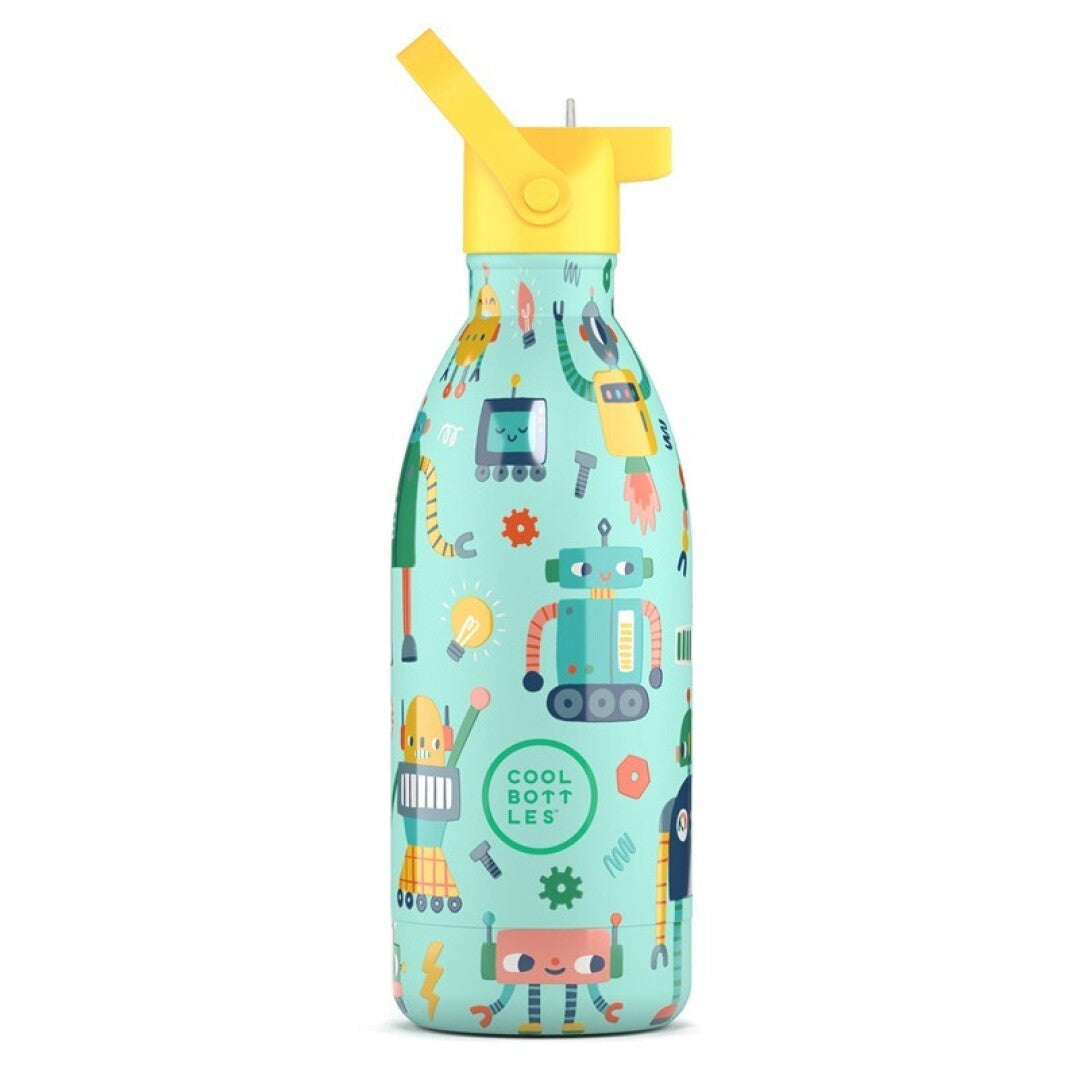 Garrafa térmica Cool Bottles Short Circuit 500ml em azul-claro com padrão de robôs coloridos e tampa amarela com palhinha e pega.