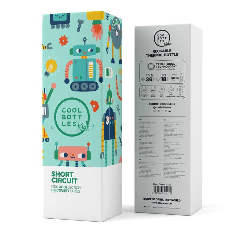 Embalagem da garrafa térmica Cool Bottles Short Circuit 500ml, mostrando a caixa com o design de robôs e informações técnicas.