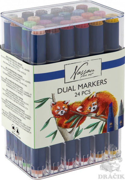 Embalagem dos marcadores Nassau Fine Art Dual Markers com 24 unidades, apresentando uma ilustração de pandas vermelhos.
