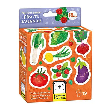 Caixa do jogo de puzzles Banana Panda Frutas e Vegetais, mostrando a idade recomendada 18m+ e algumas das peças de frutas e vegetais.