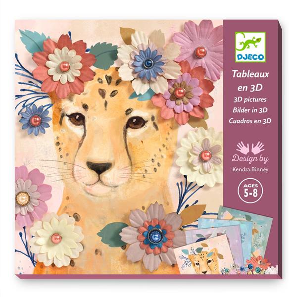 Embalagem do kit Djeco Actividades Pinturas em 3D - Coroas de Flores, mostrando uma chita decorada com flores 3D e a indicação de idade 5-8 anos.