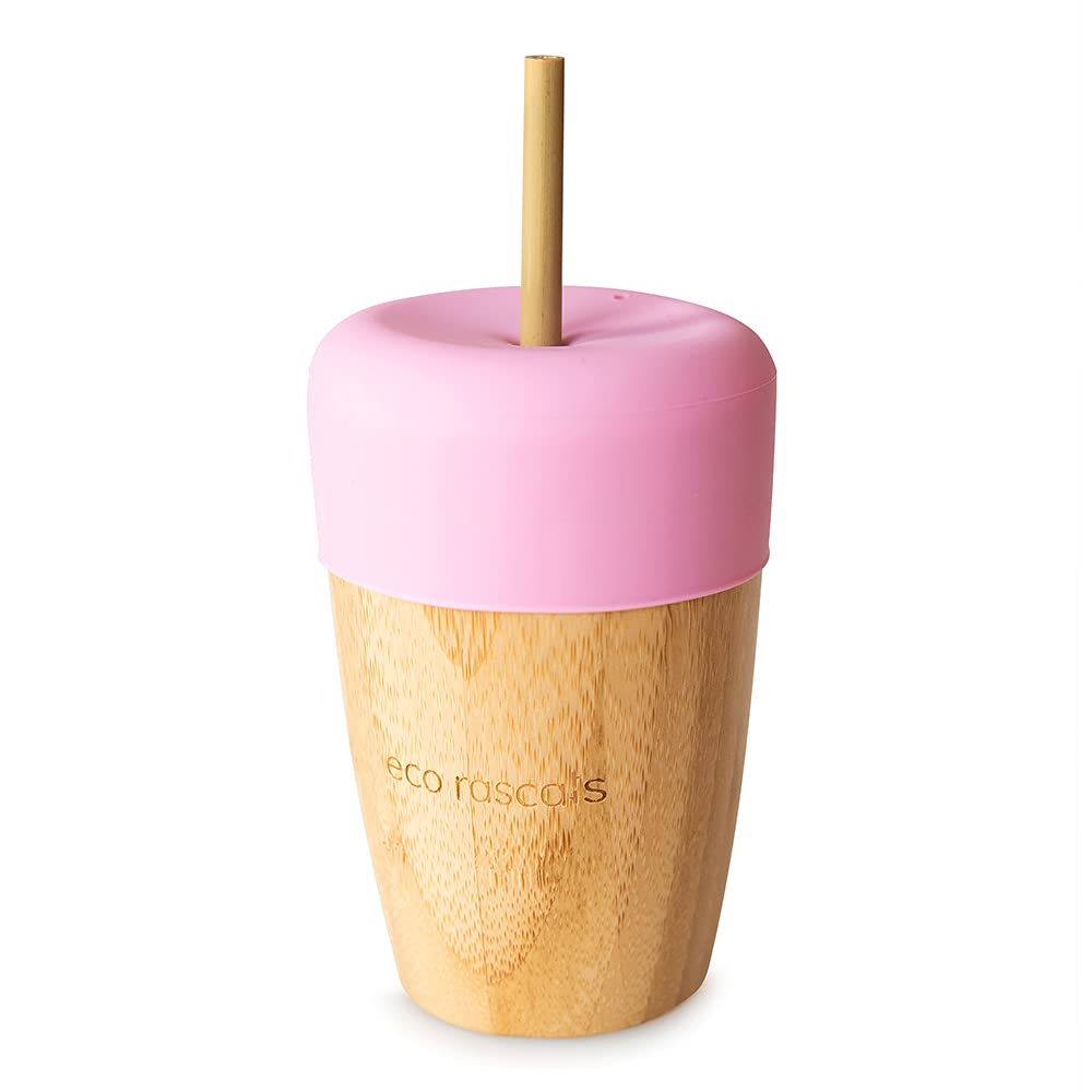 Eco Rascals Copo de bambu 240ml montado com tampa de silicone rosa e palhinha de bambu.