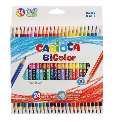 Embalagem frontal dos lápis de cor duplos Carioca BiColor, com 24 lápis e 48 cores, design italiano e corpo triangular.