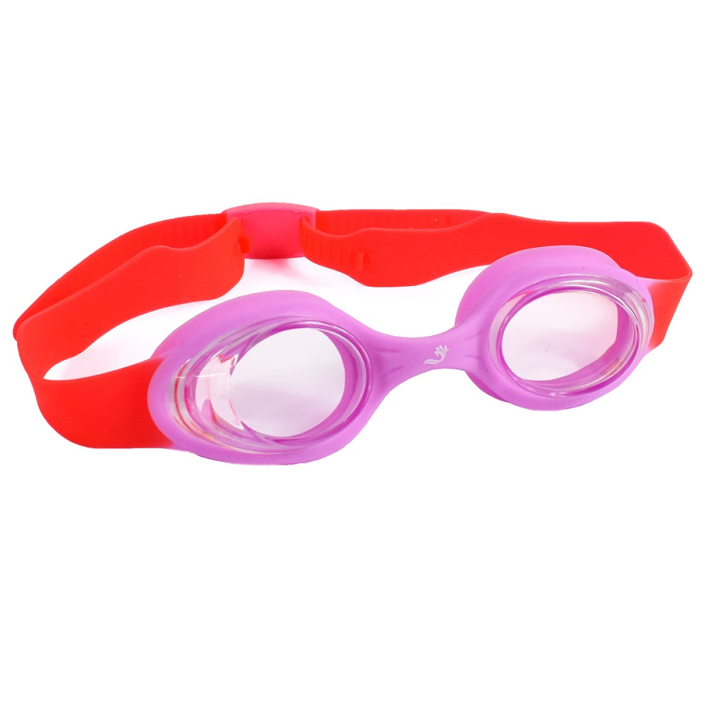 Óculos de natação Splash About Guppy Pink para crianças de 2 a 6 anos, com armação rosa e fita ajustável vermelha.