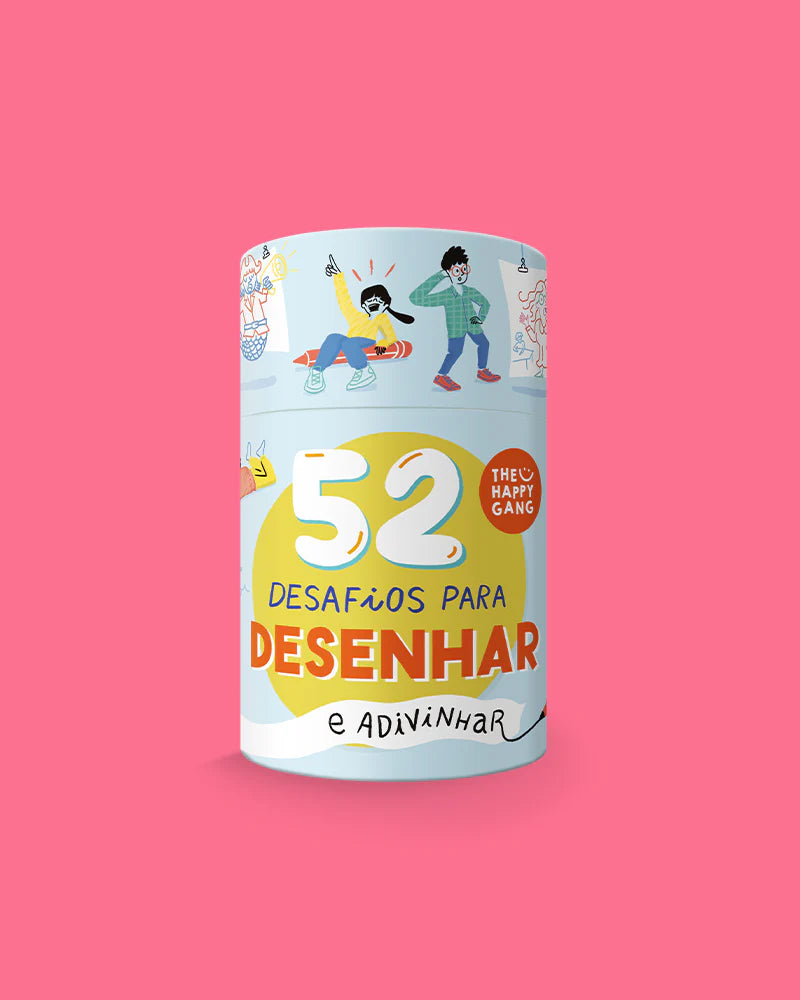 Embalagem frontal do jogo "THE HAPPY GANG - 52 Desafios para Desenhar e Adivinhar", com ilustrações coloridas de crianças a desenhar.