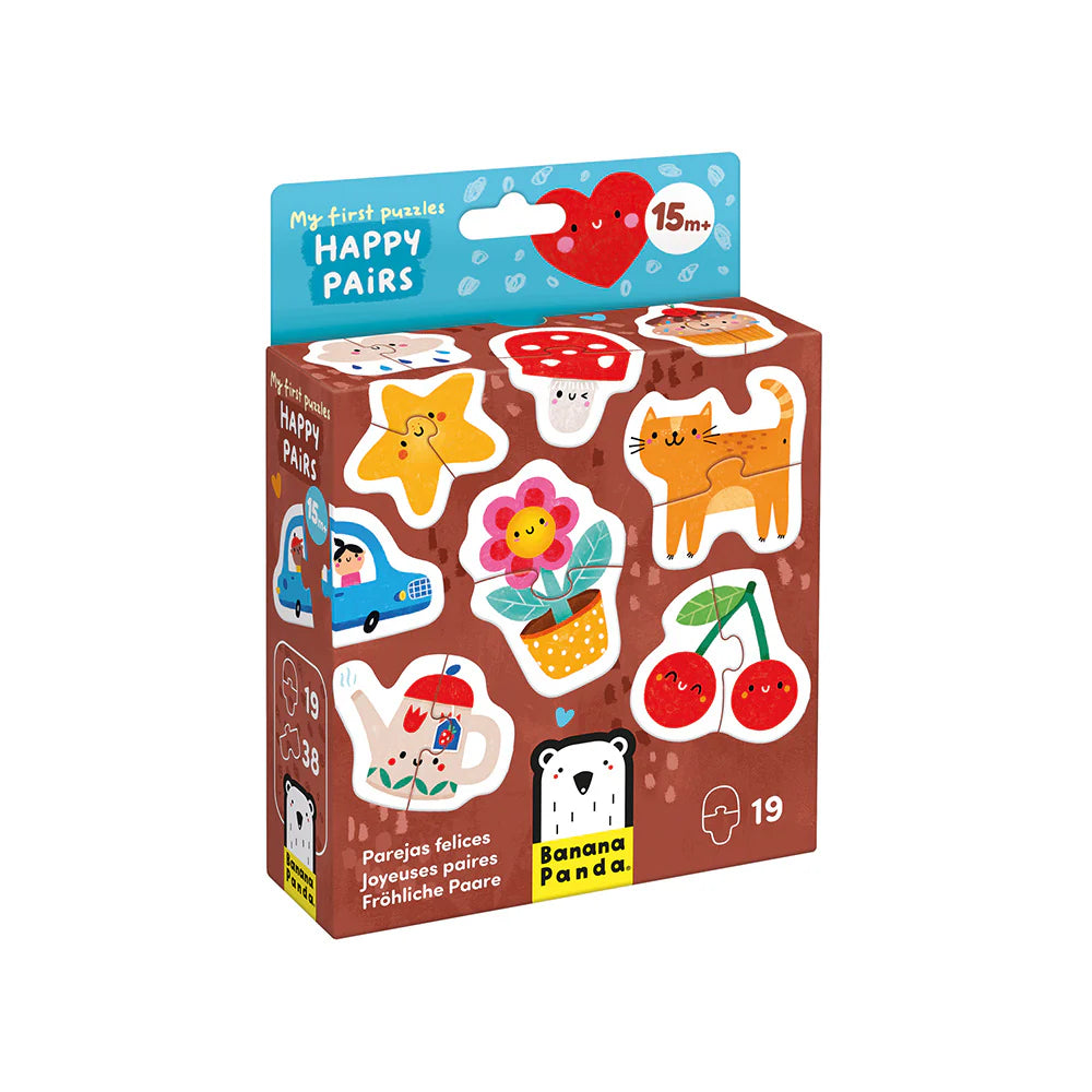 Caixa do puzzle Banana Panda Puzzles Pares Felizes com ilustrações coloridas de um carro, cogumelo, gato, cerejas, bule, flor e urso, e a indicação "15m+".