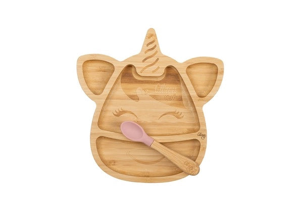 Citron Conjunto de alimentação com prato de bambu em forma de unicórnio rosa e colher a condizer.