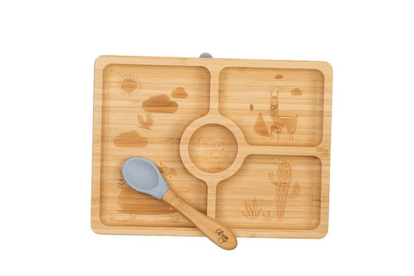 Citron Conjunto de alimentação com prato de bambu retangular dividido e colher cinzenta, com gravuras de paisagem.