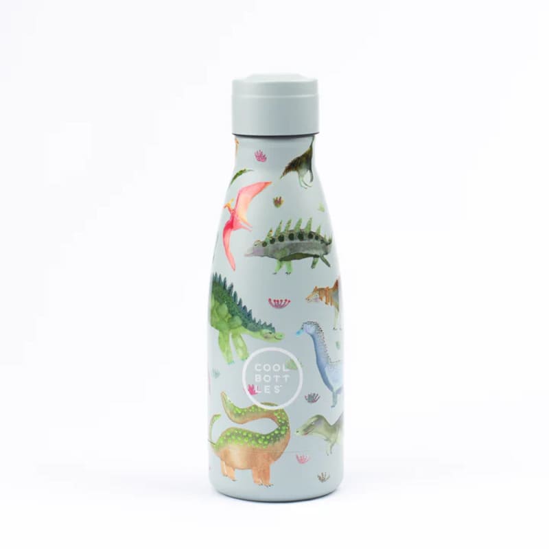 Garrafa térmica Cool Bottles Dinos Planet de 260ml com tampa de rosca cinzenta fechada, decorada com um padrão de dinossauros em tons pastel.