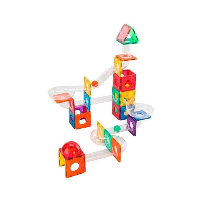 Caixa do BRAINTOYS IMANIX Slide 70 peças, com estrutura de blocos magnéticos coloridos e percurso de escorrega para bolas.
