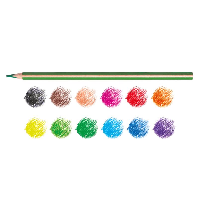 Uma amostra das 12 cores dos lápis Carioca Supercolor, dispostas em círculos de rabiscos, com um lápis verde por cima, demonstrando a intensidade das cores.