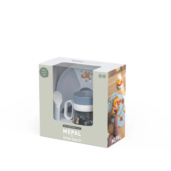 Embalagem do conjunto de refeição Little Dutch Mepal Mio 3 peças Forest Friends, exibindo o conteúdo e o design.