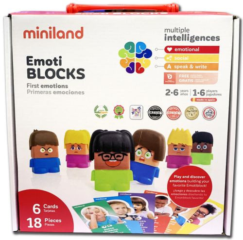 Caixa do Miniland Jogo de Blocos Emoções "Emoti Blocks" destacando as personagens e os benefícios de múltiplas inteligências e idade recomendada.