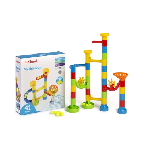Conjunto Miniland Marble Run de 41 peças, com a caixa do produto e o circuito montado ao lado, exibindo as cores vivas e o design divertido.