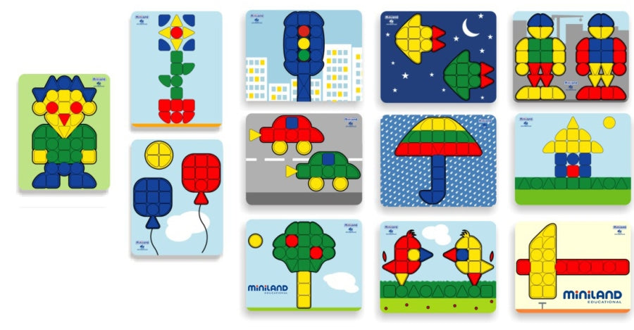 Doze lâminas com modelos de mosaicos Miniland SuperPegs, exibindo diversos desenhos coloridos para crianças.