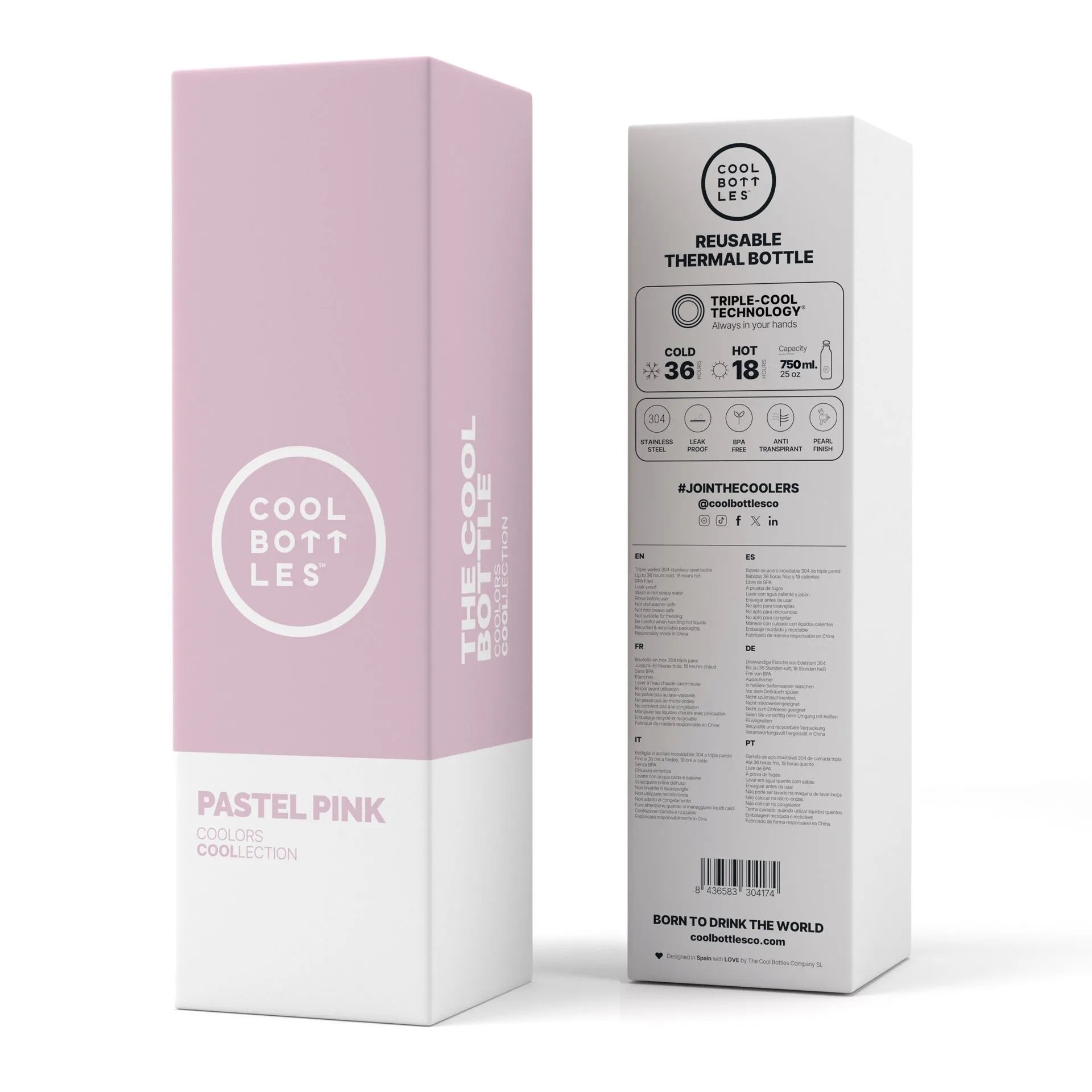 Embalagem da garrafa térmica Cool Bottles em rosa pastel, exibindo a tecnologia Triple Cool™ (36h frio, 18h quente), material e ausência de BPA.