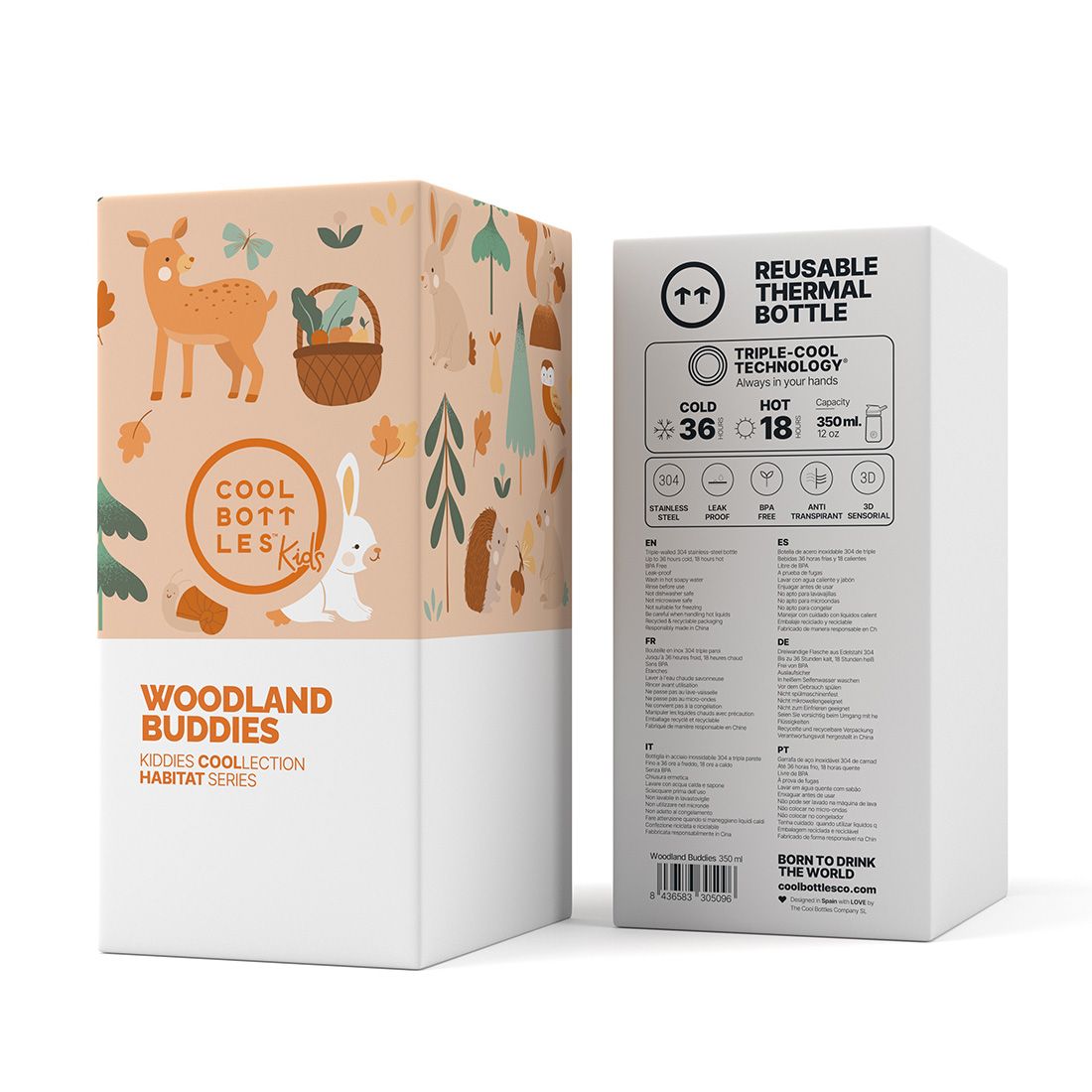Embalagem da Garrafa Térmica Cool Bottles Woodland Buddies 350ml, mostrando o design e as especificações técnicas como Triple Cool Technology e materiais.