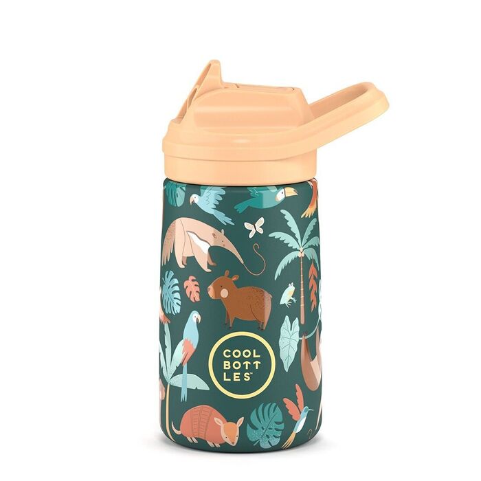 Garrafa Térmica Cool Bottles Rainforest Refuge 350ml, padrão de selva com animais e plantas, vista frontal.