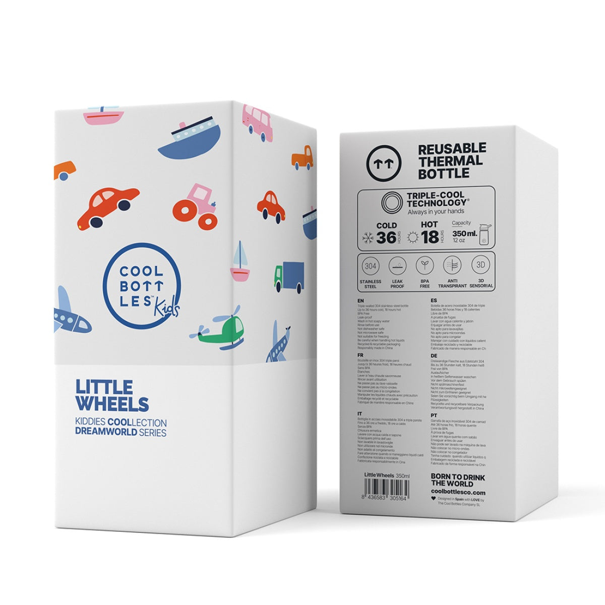 Duas caixas da garrafa térmica Cool Bottles Little Wheels 350ml, mostrando o design frontal com veículos e as especificações técnicas na lateral.