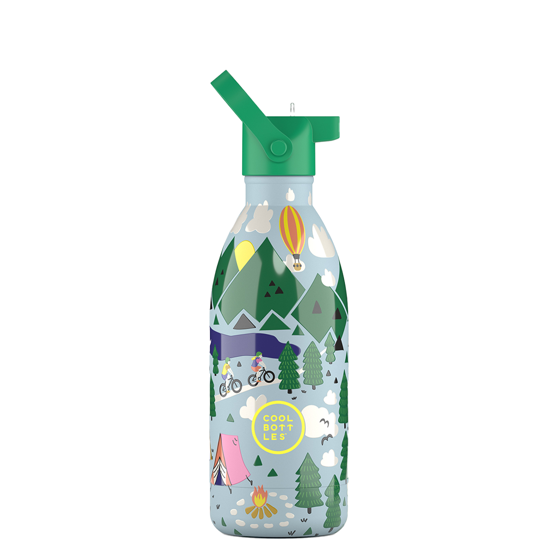 Garrafa térmica Cool Bottles Outdoor Adventure 500ml com tampa de palhinha verde aberta, destacando o design de aventura.