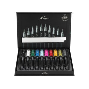 Caixa aberta do conjunto de 10 marcadores acrílicos Nassau, mostrando as cores vibrantes dispostas e o design elegante.