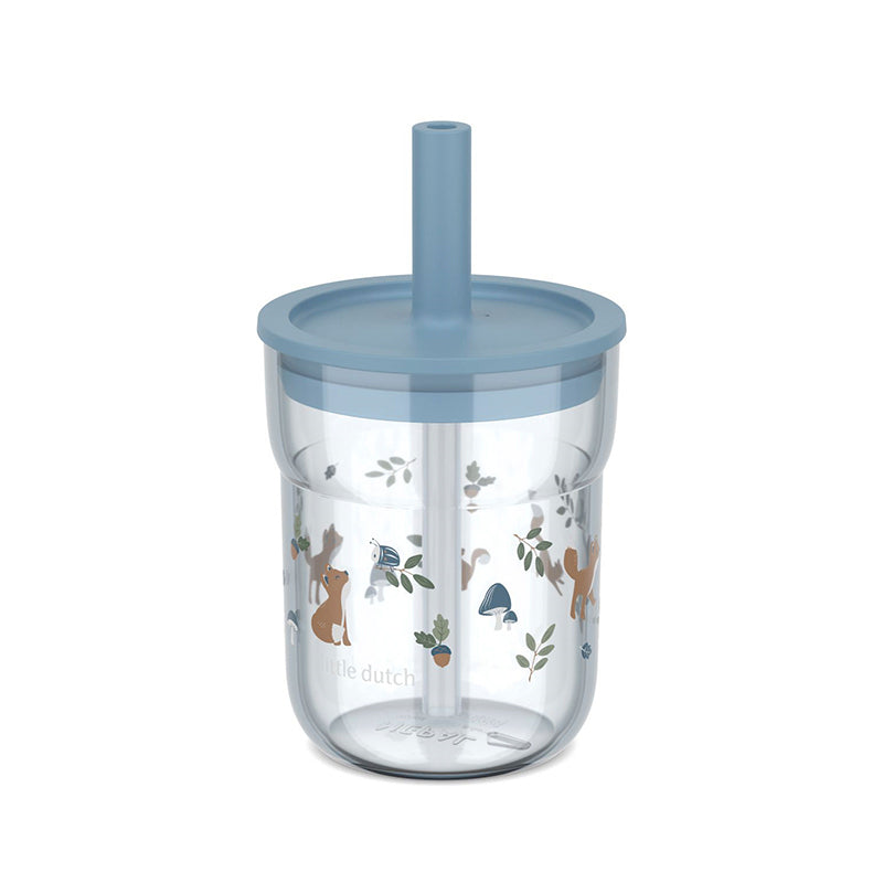 Little Dutch Copo com palhinha 250ml da coleção Forest Friends, transparente com tampa e palhinha azuis, decorado com animais da floresta como raposas e esquilos.