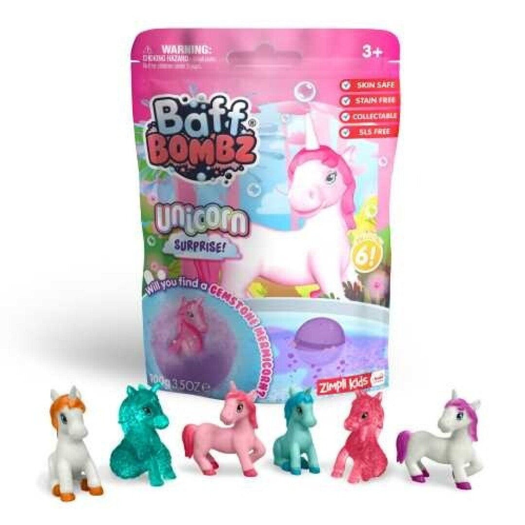 Embalagem da bomba de banho ZIMPLIKIDS Unicórnios com o logótipo Baff Bombz e várias figuras de unicórnios colecionáveis em primeiro plano.