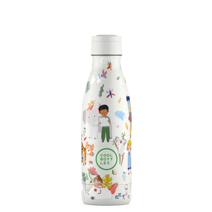 Garrafa térmica Cool Bottles Curious Explore 350ml com tampa de rosca branca, apresentando o mesmo design vibrante de exploração para crianças.