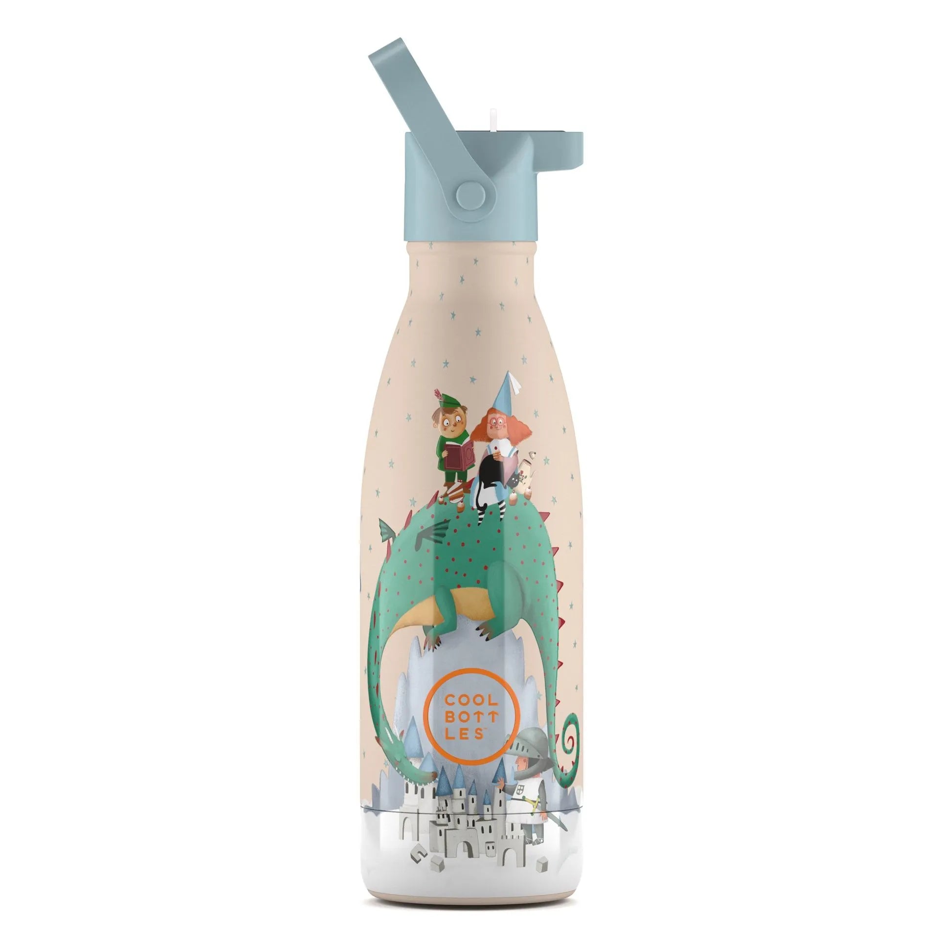 Garrafa térmica Cool Bottles Dragon Dreams 350ml com tampa de palhinha azul aberta, exibindo a ilustração de um dragão verde e um castelo.