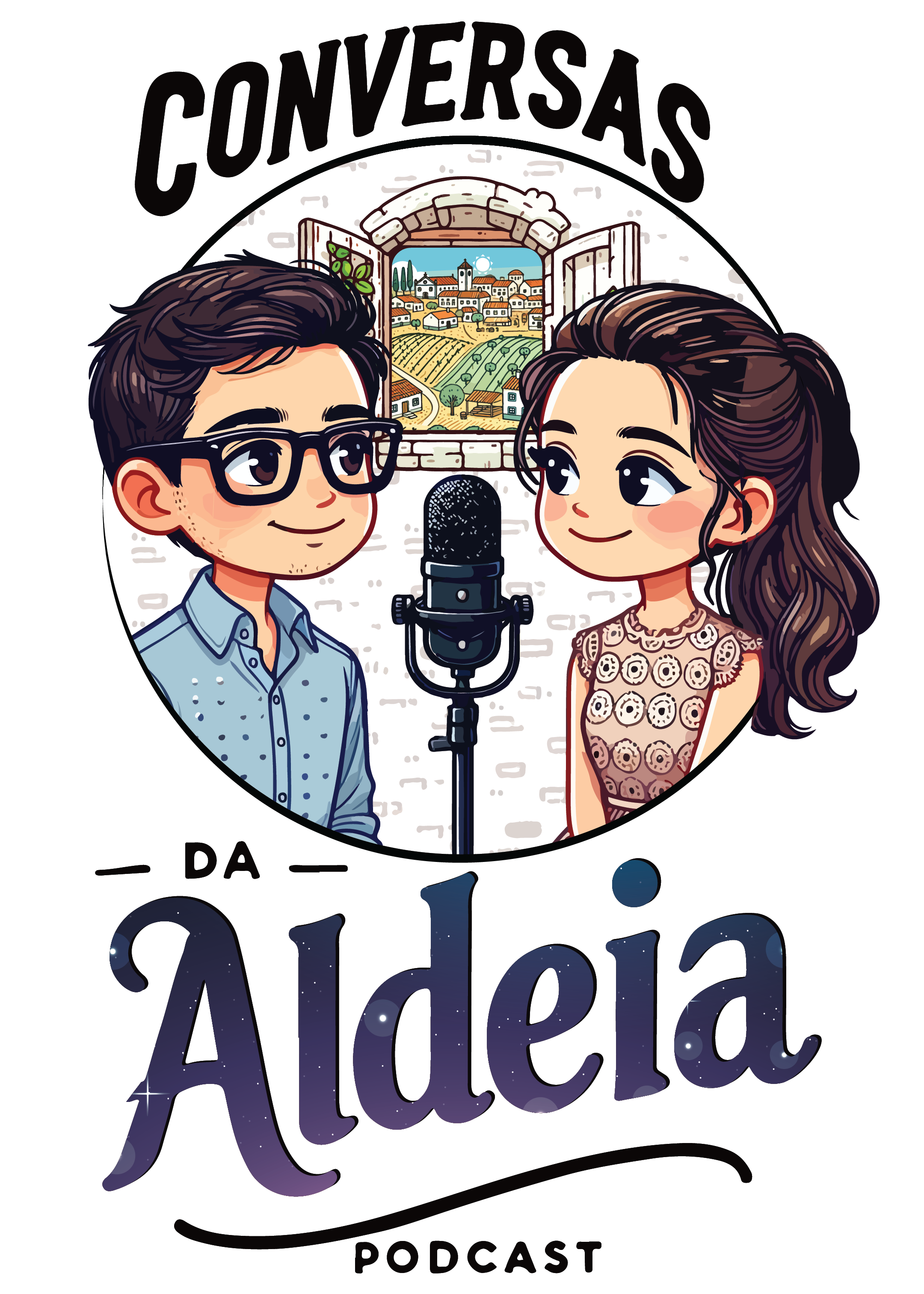 Logótipo do podcast 'Conversas da Aldeia', apresentando uma ilustração estilizada de um homem e uma mulher de óculos, sorrindo um para o outro, com um microfone ao centro. Ao fundo, há um cenário de aldeia tradicional com casas e natureza. O nome 'Conversas da Aldeia' está escrito em letras decorativas, com 'Podcast' em menor tamanho abaixo.