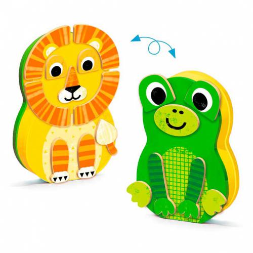 Peças magnéticas de madeira Djeco Zanimals, mostrando um leão amarelo e laranja e um sapo verde, destacando a capacidade de montar e desmontar os animais.