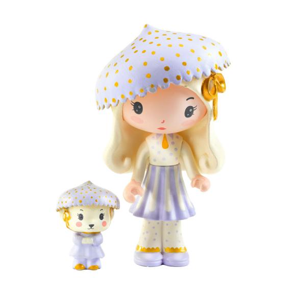 Jil, a boneca Tinyly maior com chapéu roxo de bolinhas e vestido listrado, ao lado do seu pequeno companheiro Jerry, ambos articulados.