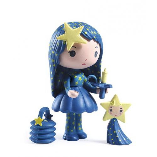 Djeco Figurinhas Tinyly - Luz e Light: boneca Luz com vestido azul estrelado, lanterna e figura da Light.