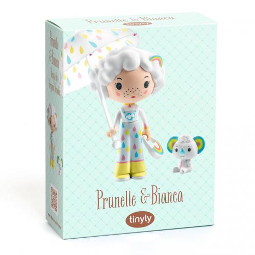 Caixa do produto Djeco Figurinhas Tinyly Prunelle & Bianca, mostrando a ilustração das figuras em fundo azul-claro.