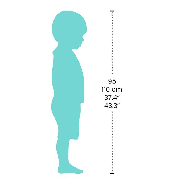 Ilustração de uma criança em perfil, mostrando a faixa de altura recomendada de 95 a 110 cm para o avental Djeco.