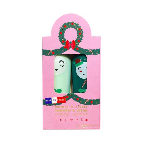 Conjunto de 2 bálsamos labiais Inuwet de maça e cereja em embalagem rosa festiva com coroa de Natal e indicação "Made in France".