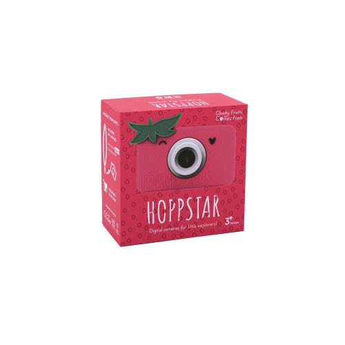 Embalagem da máquina fotográfica digital Hoppstar Rookie Strabella, caixa rosa com a imagem do produto.
