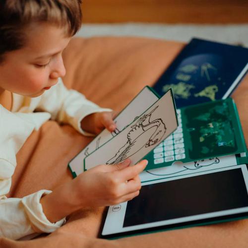 Criança a observar um cartão de desenho com um dinossauro para usar no Tablet KidyWolf Galáxia.